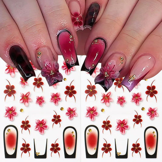 Flowers Nail Art Stickers Decals 5D Embossed Self-Adhesive Summer Flowers Nail Stickers French Tip