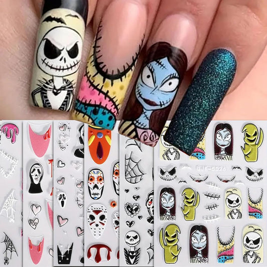 6 Sheets Halloween Nail Art Stickers Decals Pink Skull Spider Web Sugar Skull Nail Decoration 3D