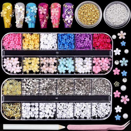 Nail Art Pearls Flatback Rhinestones Flower Nail Charms Gold Silver Beads White Half Round Supplies