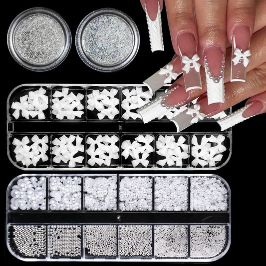 Nail Art Pearls Flatback Rhinestones Bow-Knot Nail Charms Silver Beads White Half Round Supplies