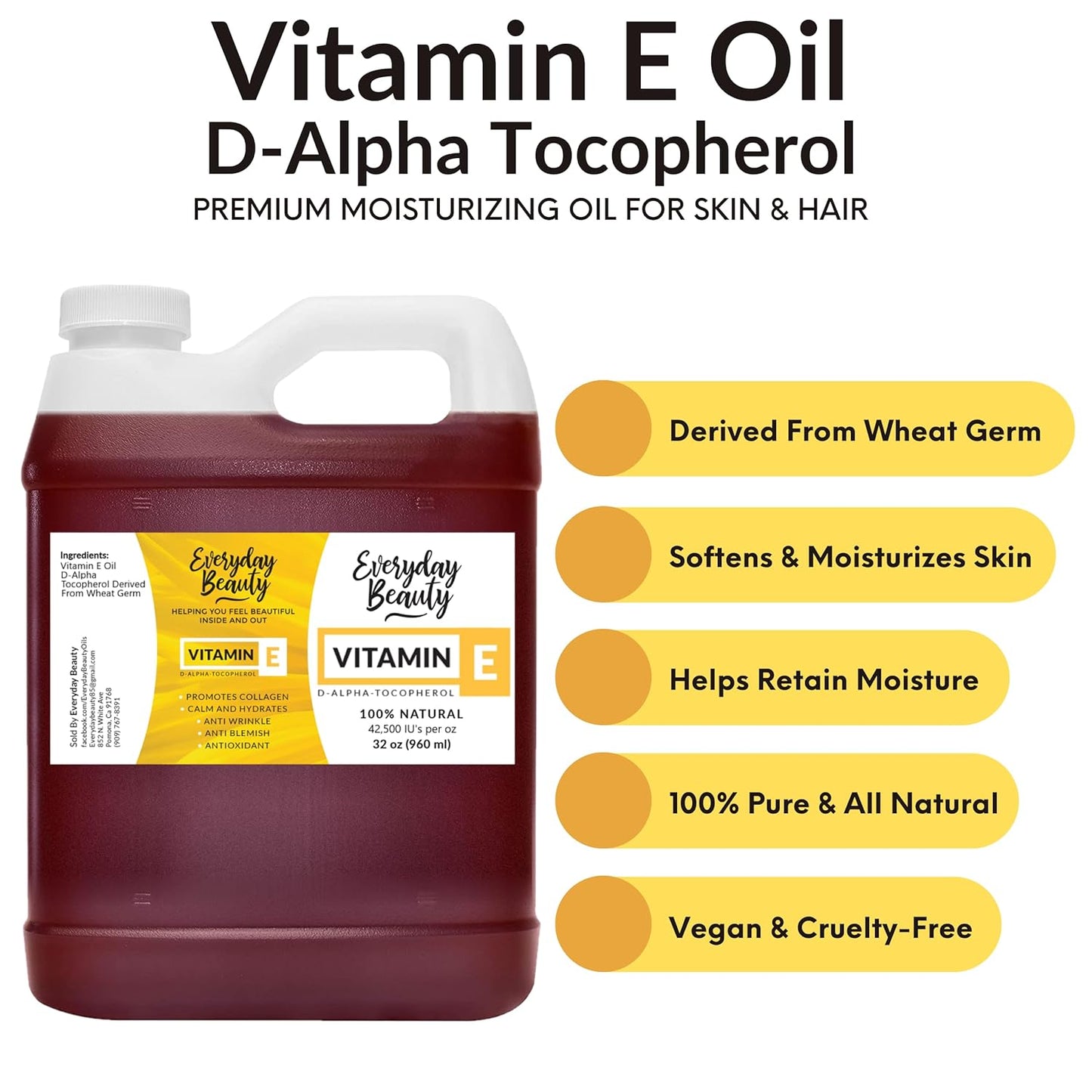 Pure Vitamin E Oil Bulk - 32 oz D-Alpha Tocopherol 100% Pure & All Natural 42,500 IU per oz - Not a Blend, Thick, Amber Color - from Wheat Germ - Face Body Hair - DIY Cosmetics & After Surgery Scars