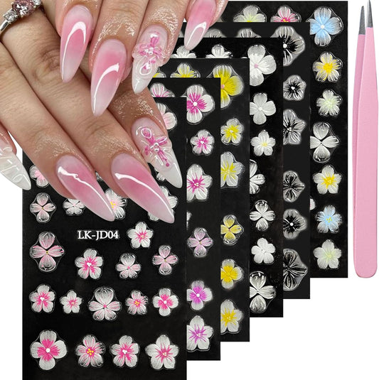 Nail Art Stickers Decals 5D Embossed Flower Nail Decals Self Adhesive Spring Summer Plumeria Nails