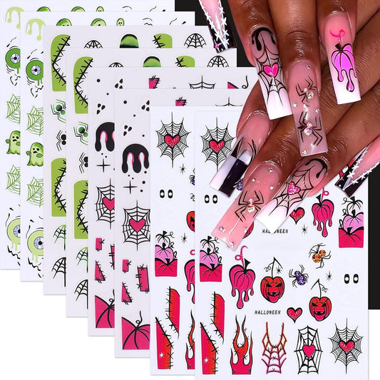 8Sheets Halloween Nail Stickers for Nail Art,3D Self-Adhesive Cute Ghost Spider Nail Decals Pink