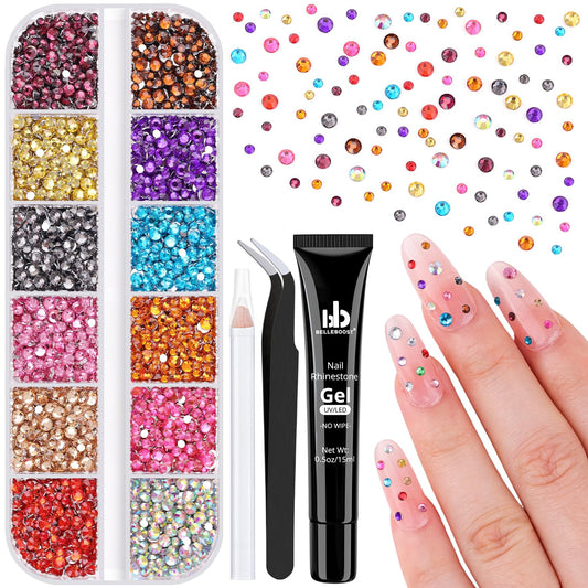 5000Pcs Small Resin Rhinestones for Nail Art with 15ML Rhinestone Glue, Colorful 2/3MM Flatback