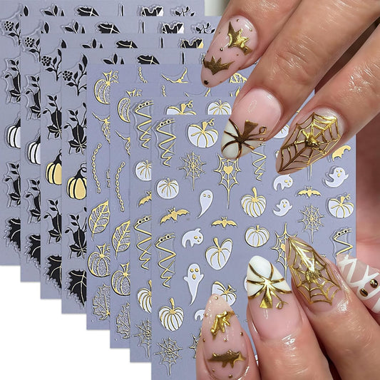 8 Sheets Halloween Nail Stickers Nail Decals 3D Self-Adhesive Glitter Pumpkin Ghost Nail Supplies
