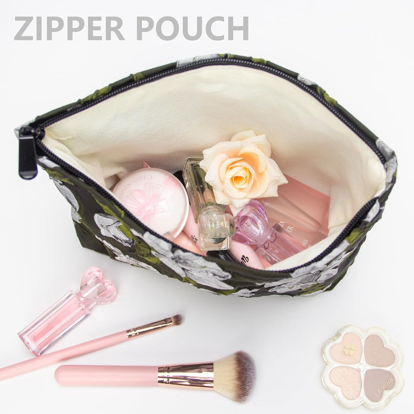 PAZIMIIK Makeup Bag Large Cotton Zipper Pouch for Purse Travel Canvas Make Up Organizer for Women Cosmetic,Brocade Floral Black