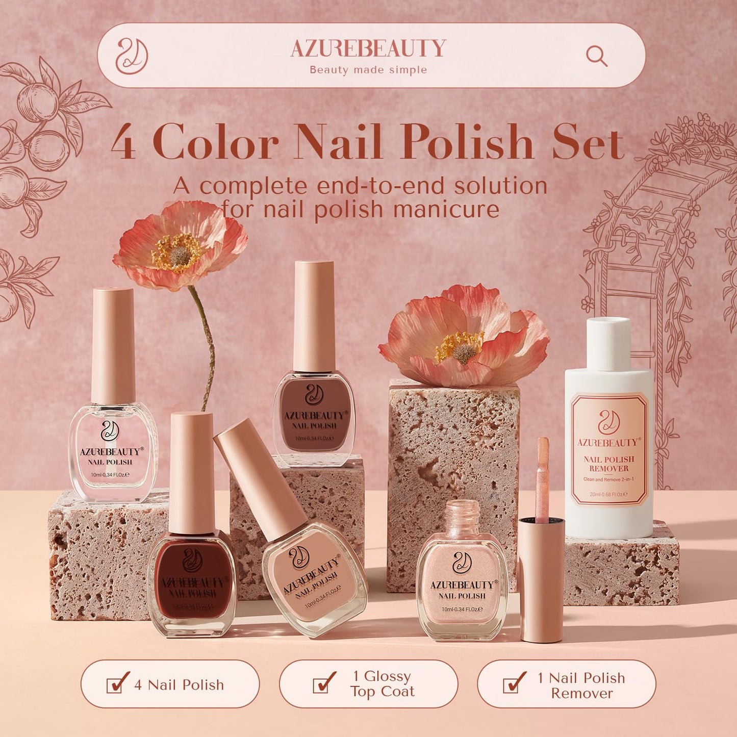 AZUREBEAUTY Nail Polish Set, 4 Colors Nude Brown Skin Glitter Quick Dry Natural Nail Lacquer Strengthening Treatment Kit with Top Coat DIY Salon at Home