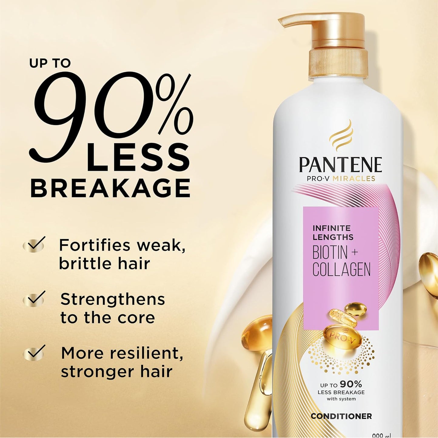 Pantene Infinite Lengths Conditioner with Biotin + Collagen, Strengthens Brittle Hair, Up to 90% Less Breakage, 1 Minute Miracle, Safe for Color Treated Hair, Floral Scent, 30 Fl Oz