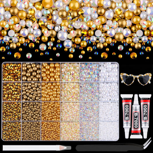 9000Pcs Flatback Pearls and Rhinestones for Crafting, White Brown Mixed Size 3-8mm Resin