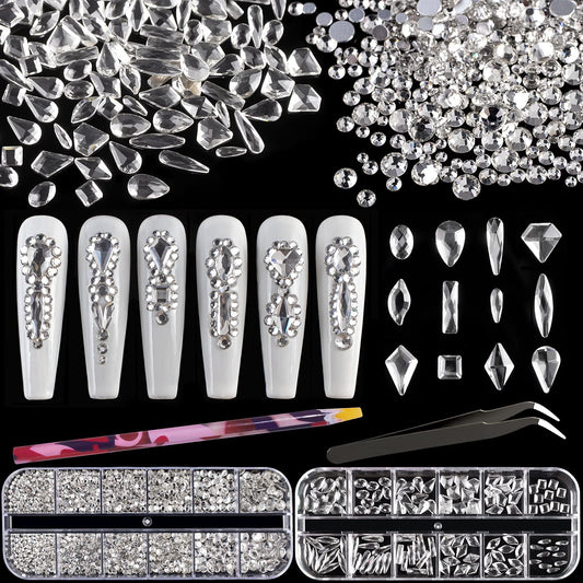 Multi Shapes Transparent White 3D Glass Crystal Nail Art Rhinestones Kit with Flatback Round Bead
