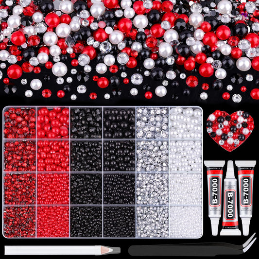 9000Pcs Flatback Pearls and Rhinestones for Crafting, Red White Black Mixed Size 3-8mm Resin