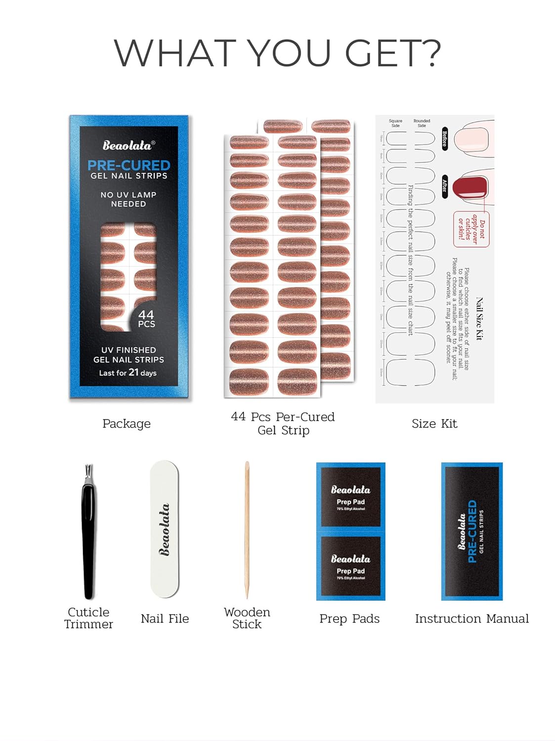 Pre Cured Gel Nail Strips - 44PCS Salon Quality Gel Nail Stickers - Long Lasting Polish Wraps for Women no UV Light Needed Easy Apply& Remove (Solar Gold)