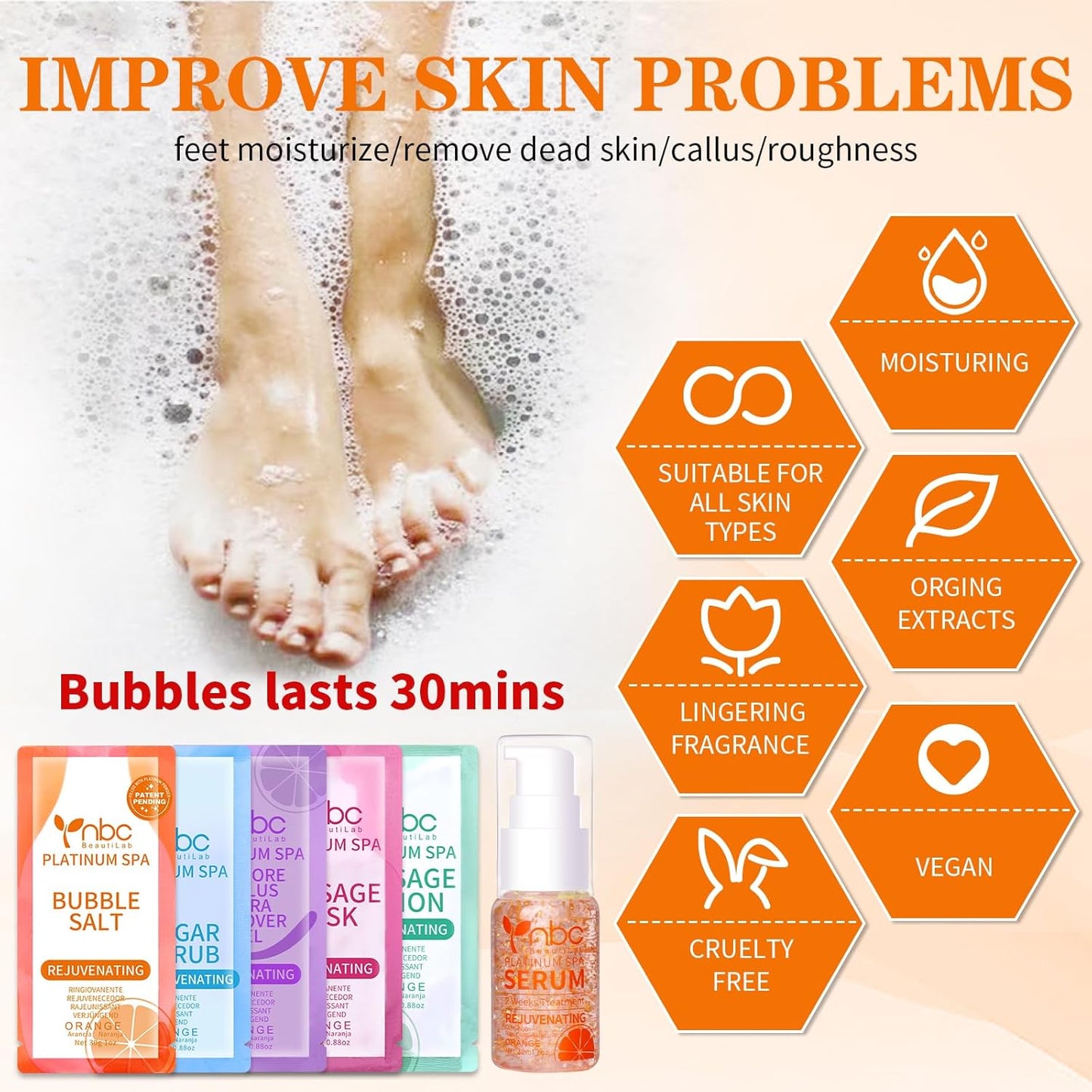 Pedicure Foot Soak Set - Upgraded 6 in 1 Foot Spa, Foot Bath Spa, Pedicure Kit for Tired & Dry Cracked Feet, Athletes Feet, Bad Odor, Softens Calluses (Orange)