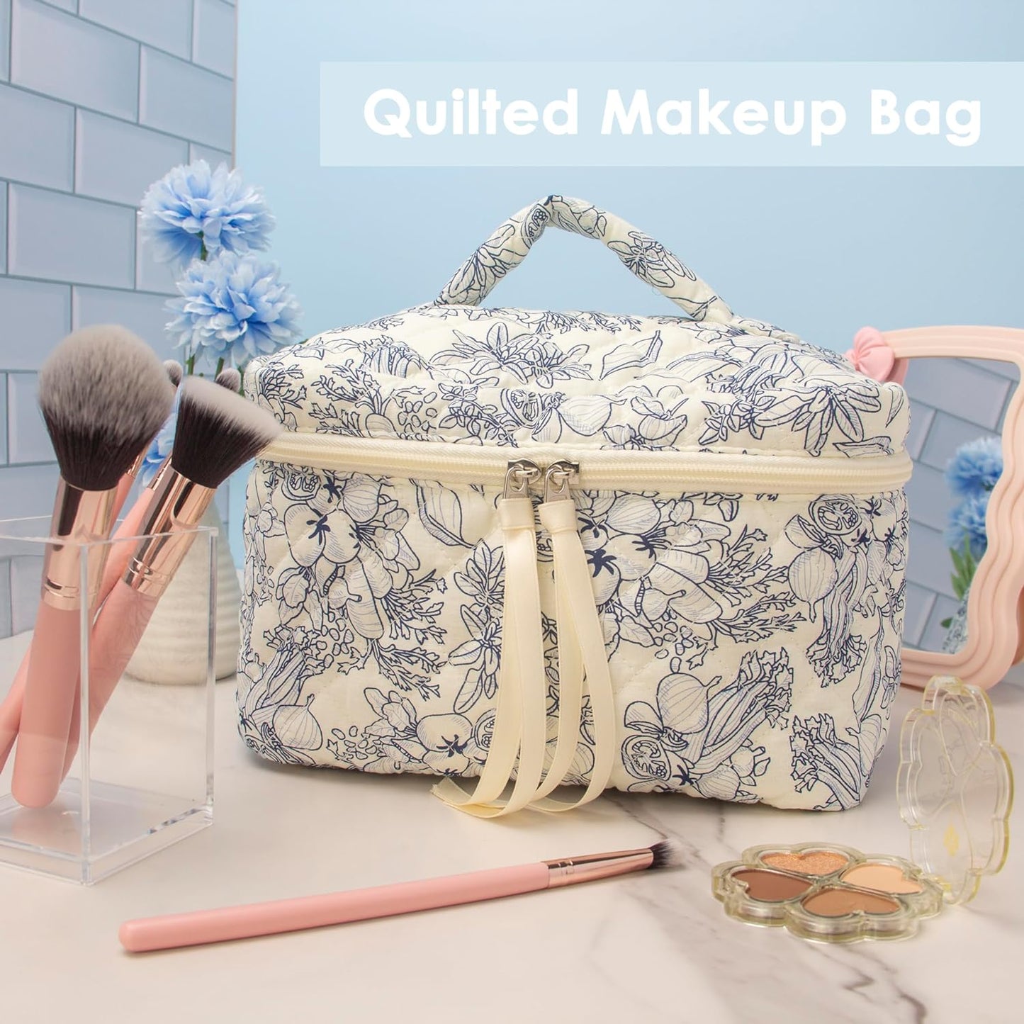 PAZIMIIK Quilted Makeup Bag Large Travel Zipper Soft Cosmetic Case for Women Girls Make Up,Flower White