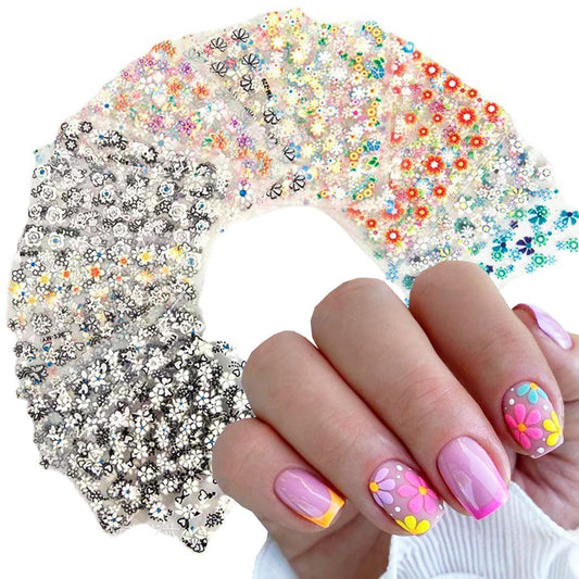 30 Sheets 3D Self-Adhesive Flower Nail Stickers - Black, White, Colorful Cherry Blossoms, Daisy Art