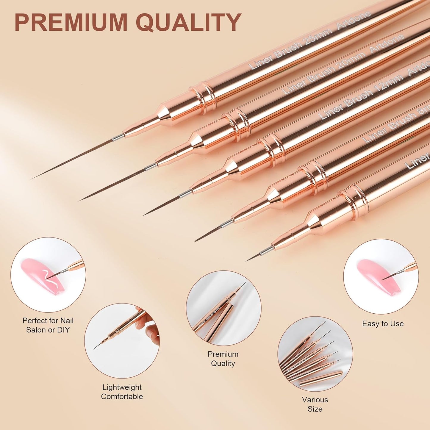 Artdone Metallic Nail Art Pens, Liner Brushes Set, 5PCS Copper Color Nail Tools For Long Lines, Thin Details, Fine Drawing, Liner Brush UV Gel Polish Painting Nail Design Sizes 5/8/12/20/25mm