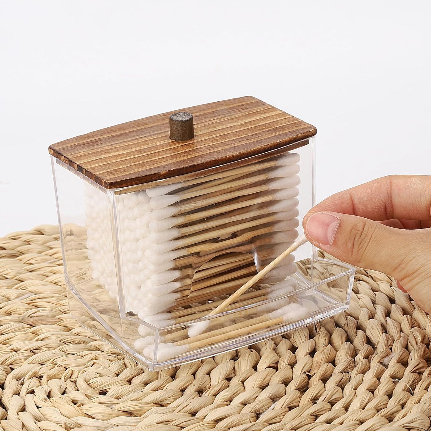 Tbestmax 10oz Qtip Holder Dispenser with Black Wood Lids, Big Cotton Swab Holder Bathroom Accessories Organizer for Storage-Qtips Cotton Ball, Floss Container