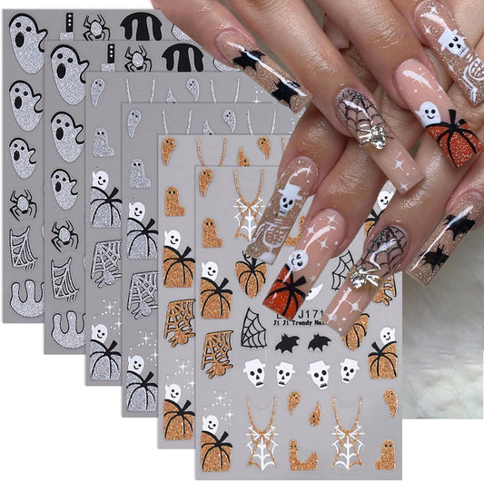 6 Sheets Silver Pumpkin Nail Art Stickers Halloween Nail Stickers Glitter Spider Web Nail Decals