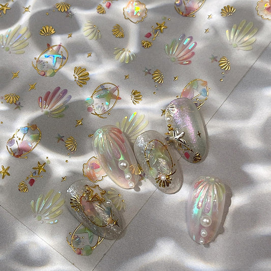 Summer Nail Stickers Starfish Nail Decals 3D Self-Adhesive Shiny Starfish Shell Nail Art Design