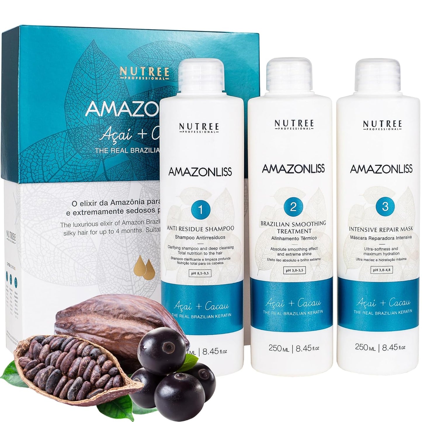 Amazonliss Keratin Hair Treatment Set 8.45 Fl Oz - Natural Ingredients ACAI, Smooths, Softens, Moisturizes, Adds Shine, Reduces Frizz. Ideal for Dry and Damaged Frizzy Hair.