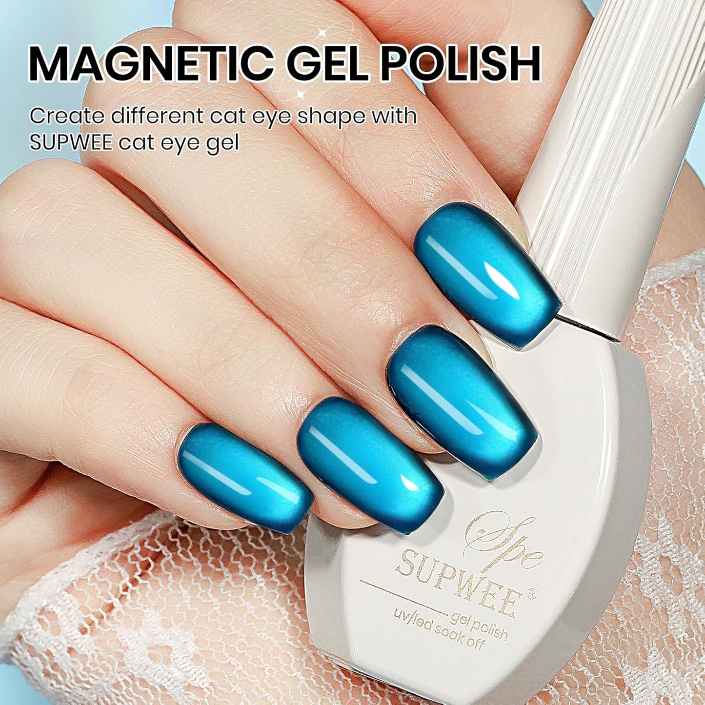 Blue Cat Eye Gel Nail Polish, 15ML Jelly Glass CatEye Magnetic Gel with Magnetic Stick Shimmer Glitter Effect Soak Off Salon DIY at Home