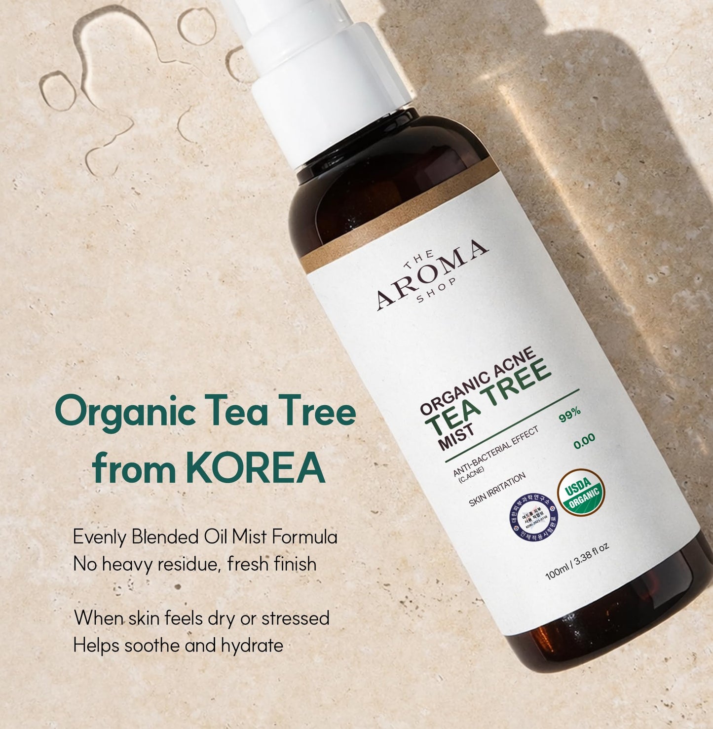 The Aroma Shop USDA Certified Organic Tea Tree Mist - Face & Body Spray for Blemish Prone &