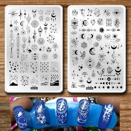 Starry Star Moon Design Stamping Plates Nail Art Kit 2pcs Galaxy Night Sky Large Nail Stamp Plates