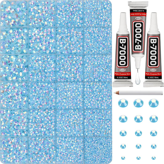 30000Pcs Resin Jelly Rhinestones Set for Crafting Bedazzling, Light Blue AB Flatback Gems Jewels for Crafts Clothes Shoes Fabric Outfit Nails Makeup, Flat Back Crystal 2-6mm with b 7000 Glue