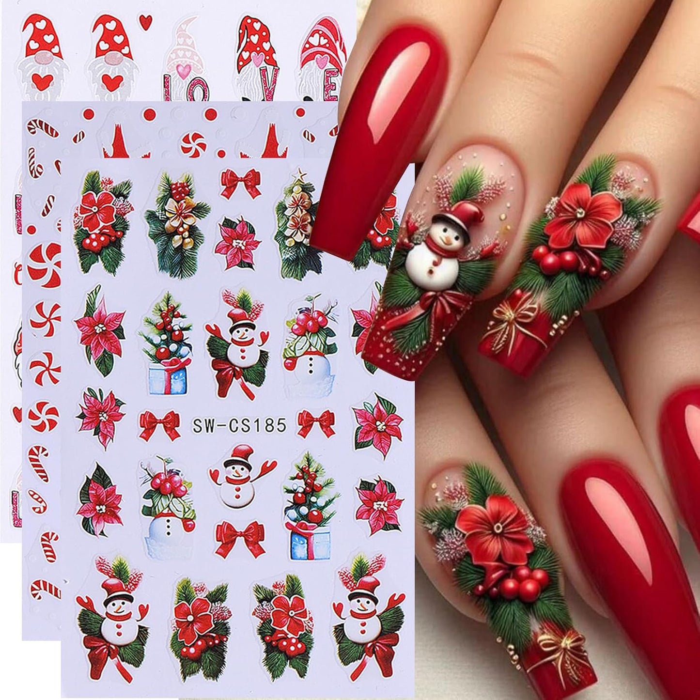Christmas Nail Art Stickers Decals 16PCS 3D Self-Adhesive New Year Sticker for Nail Art Santa Claus Tree Elk Snowman Gonks Red Designs DIY Xmas Winter Decor Nail Art Supplies for Women Girls