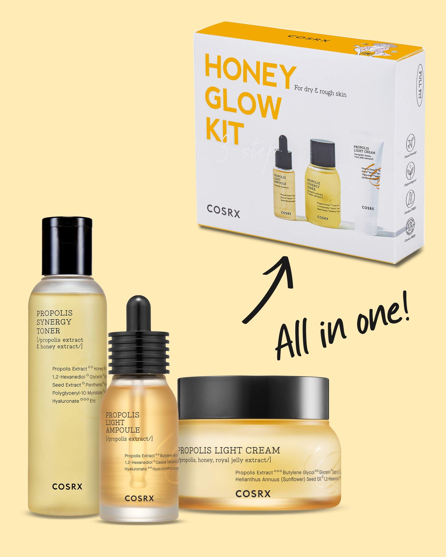 COSRX Honey Glow Kit, Propolis Toner, Serum & Cream, Travel Size Set
