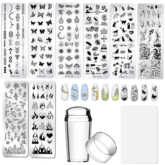 AddFavor Nail Stamper Kit 8pcs Stamping Plates Minimalist Geometric Lines Leaf Image Template for