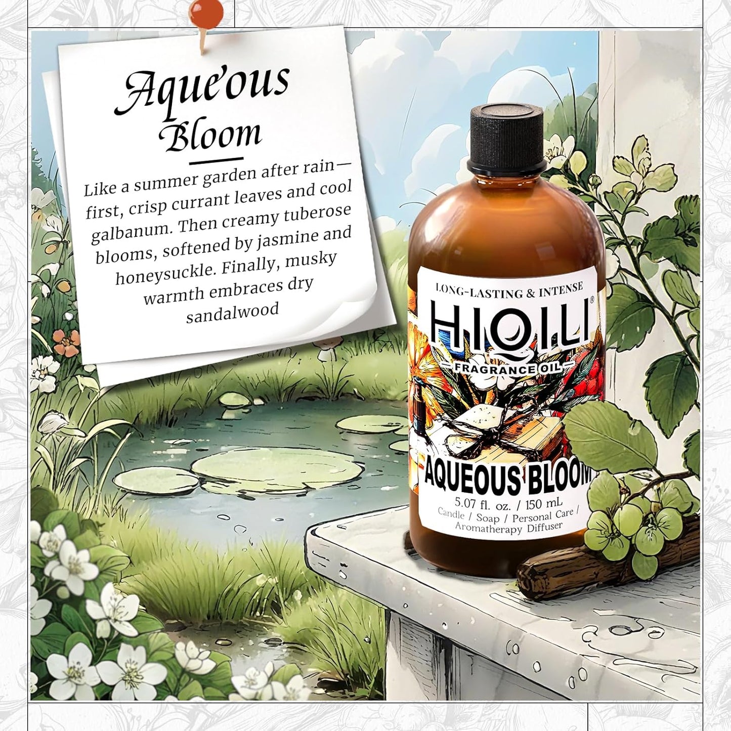 HIQILI Aqueous Bloom Fragrance Oil for Diffusers, Black Currant Leaf‌ & Jasmine, Candles & Soap Making, Long-Lasting Scent - 5.07 Fl Oz
