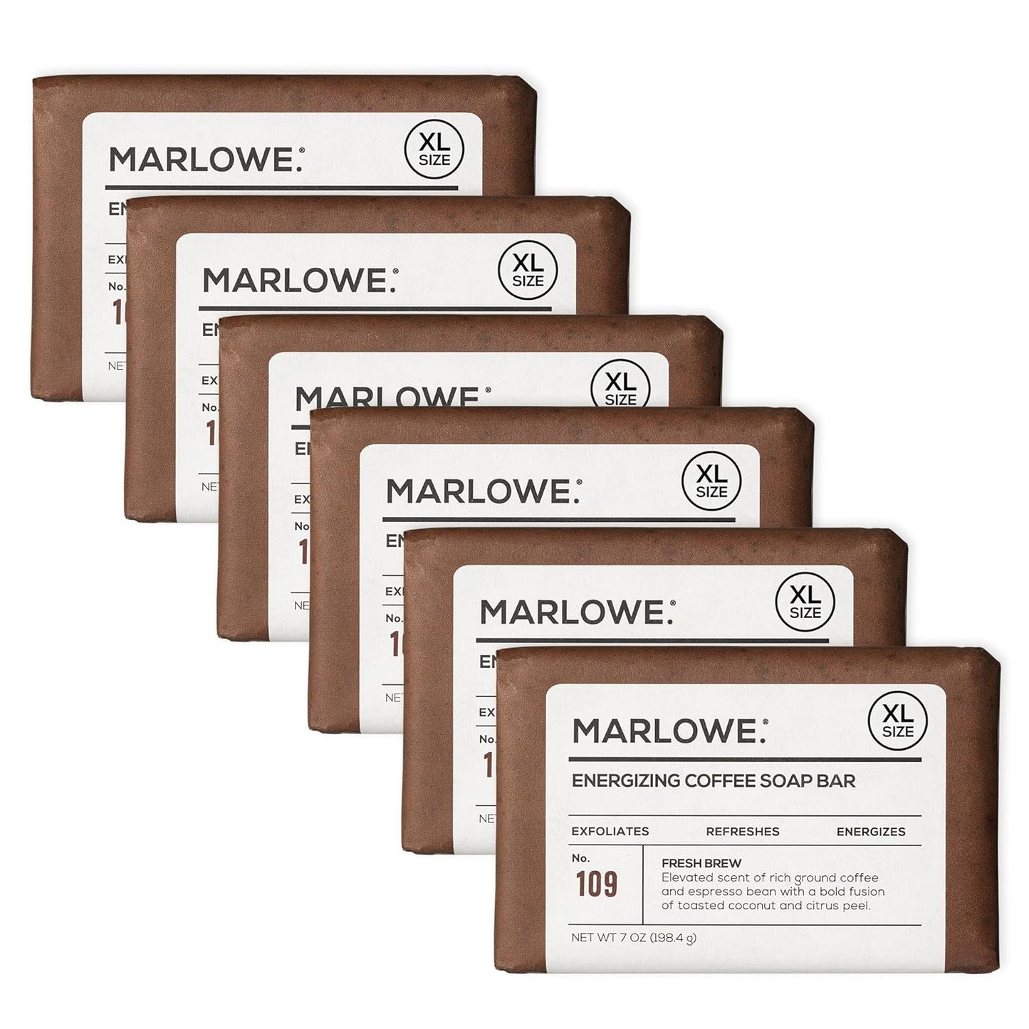 MARLOWE. No. 109 Coffee Bar Soap 7 oz (6 Bars) – Exfoliating Body Scrub for Men with Natural Extracts, Caffeine, Coffee Bean & Cocoa Butter – Energizing Fresh Brewed Scent