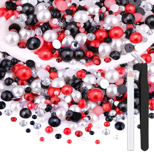 80g Flatback Pearls and Rhinestones for Crafting, Red White Black Mixed Size 3-10mm Resin