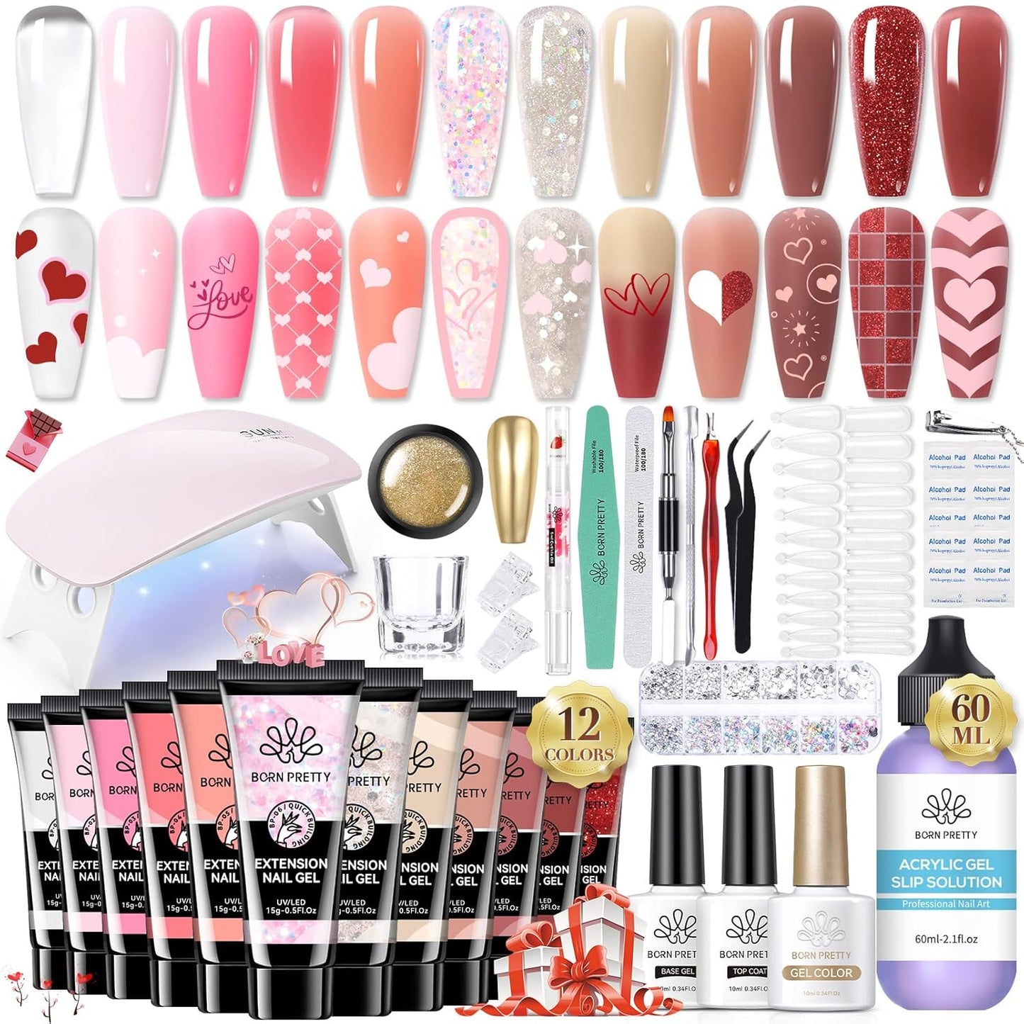 BORN PRETTY Poly Extension Gel Kit-12 Colors Extension Nail Gel Kit Nude Clear Jelly Pink All-In-1 Kit Builder Glue with Nail Lamp Base Top Coat Set Nail Forms French Manicure Ideal Gifts
