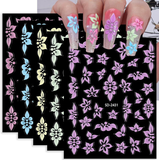 Flower Nail Stickers 5 Sheets Self-Adhesive Floral Nail Decals 5D Embossed Pink Purple Blue Nail