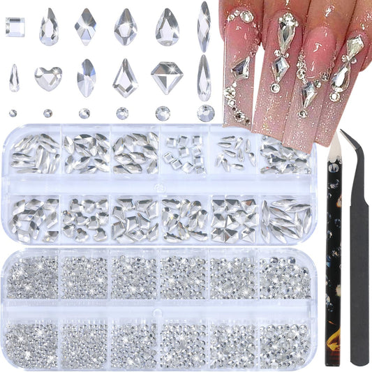 Nail Rhinestones - 3D Multi Shape Size, Flat Back, Manicure Rhinestones Charms, Crystals White