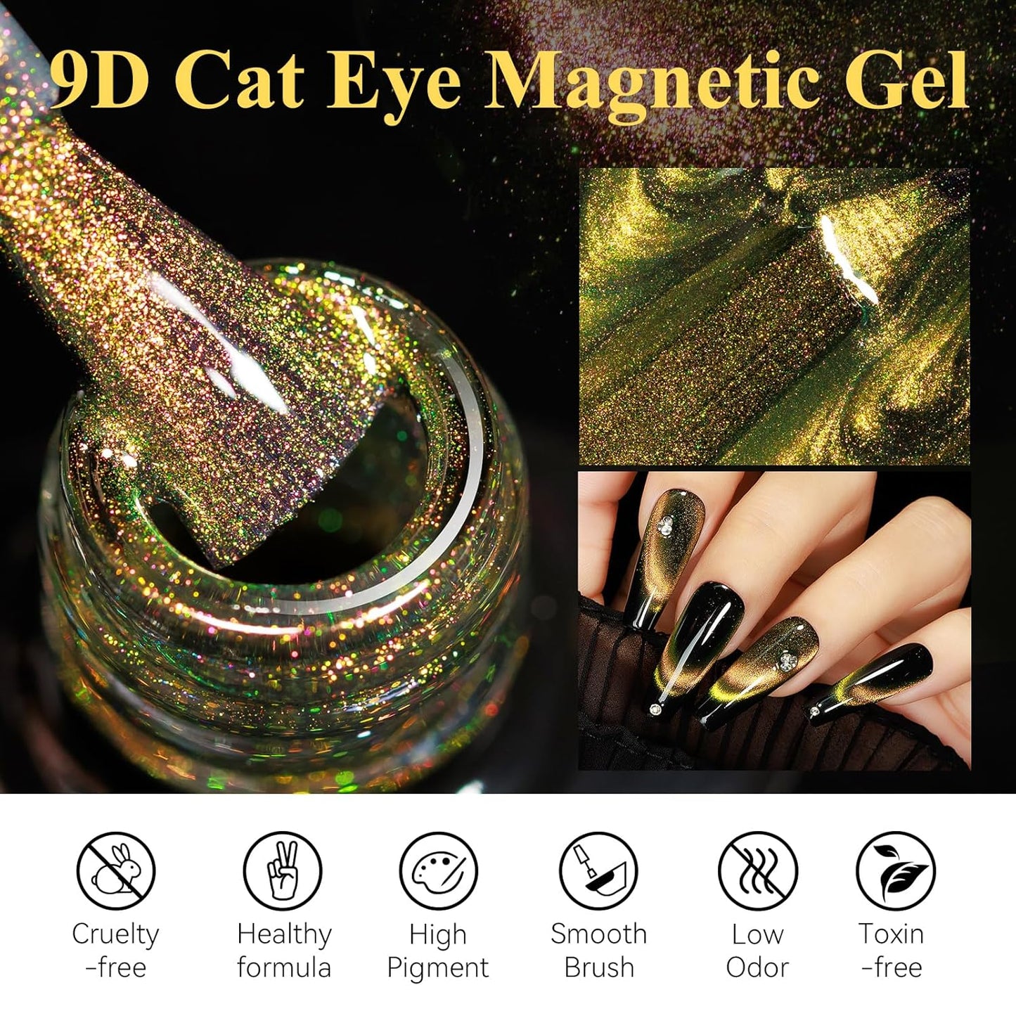 MIZHSE 9D Cat Eye Gel Nail Polish, Brown to Greed Magnetic Gel Polish with Magnet Stick, Galaxy Effect Holographic Cateye Nail Gel Soak Off Nail Art Manicure Home