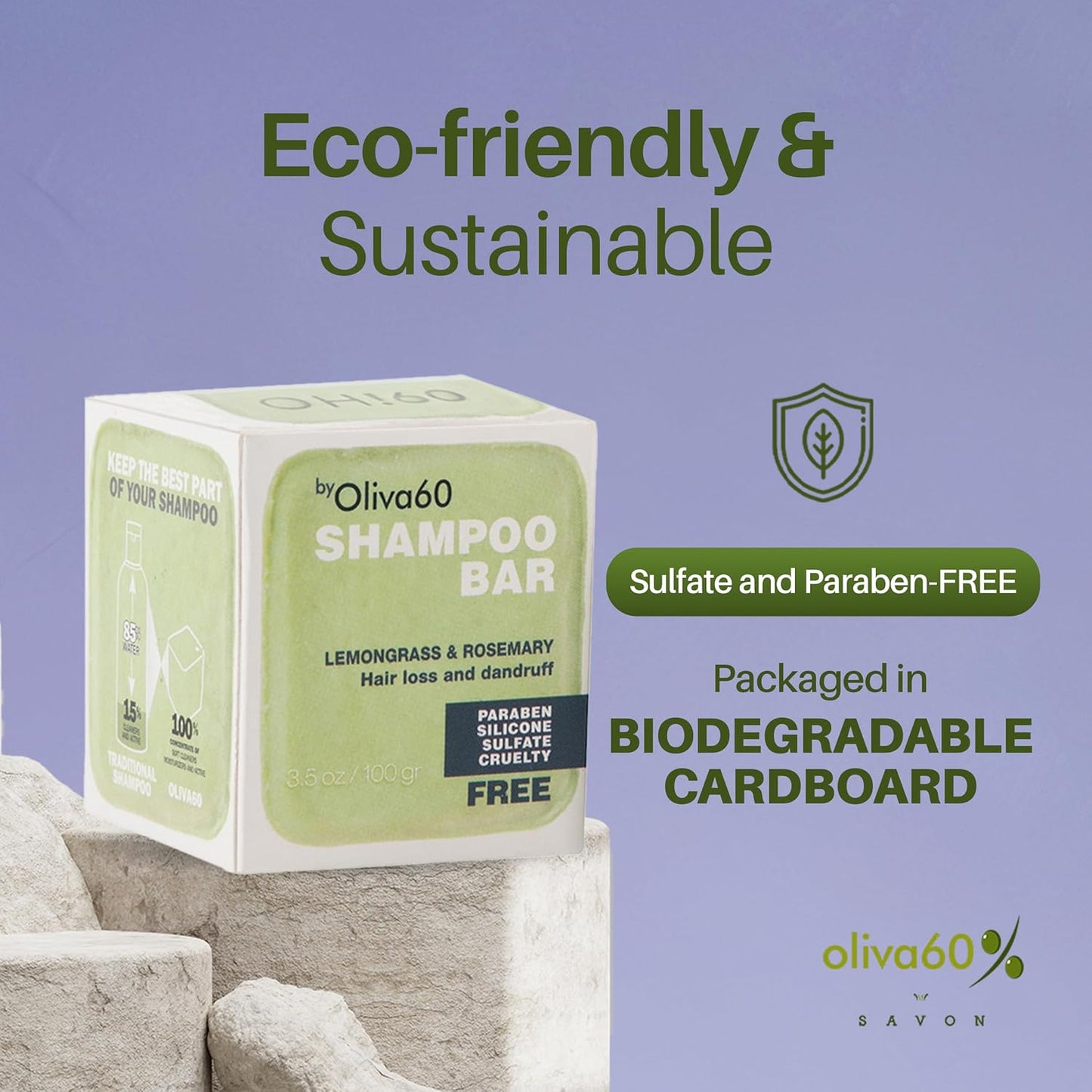 Shampoo Bar Lemongrass Rosemary - Olive, Argan, Macadamia Oil | Sulfate & Paraben Free | Organic Natural Hair Care | 3.5 oz | Shampoo for Oily Hair | No Plastic Waste | OLIVA 60