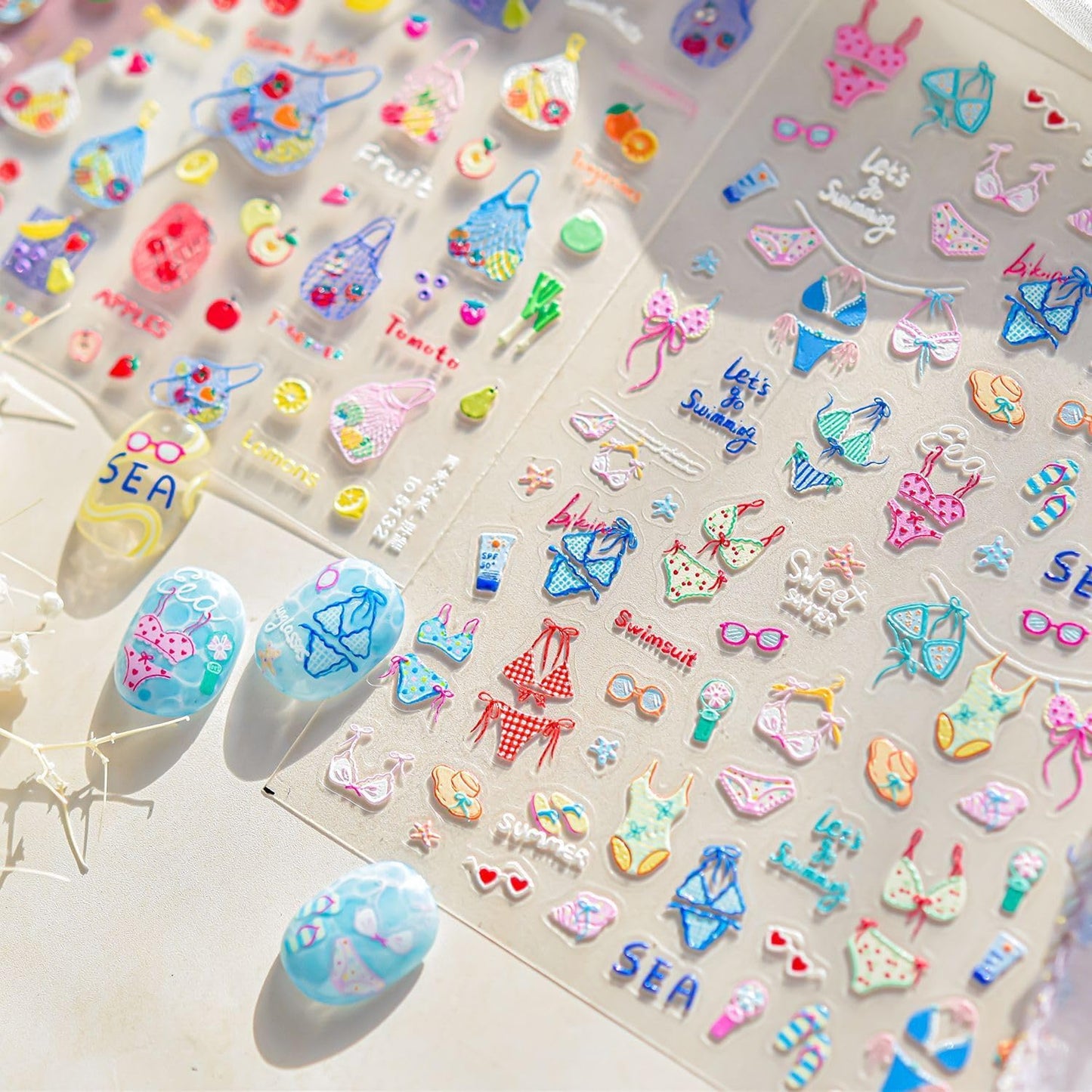 5D Embossed Fruit Nail Art Stickers Summer Beach Fruit Nail Decals Orange Lemon Kiwifruit Apple Banana Summer Nails Design Nail Stickers Cute Pineapple Nail Accessories for DIY Women Nail Decor 1Pcs