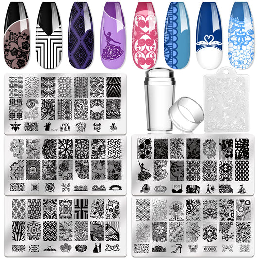 Biutee 5pcs Nail Stamping Plates + 1 Stamper + 1 Scraper Lace Flower Animal Pattern Nail Art Stamp