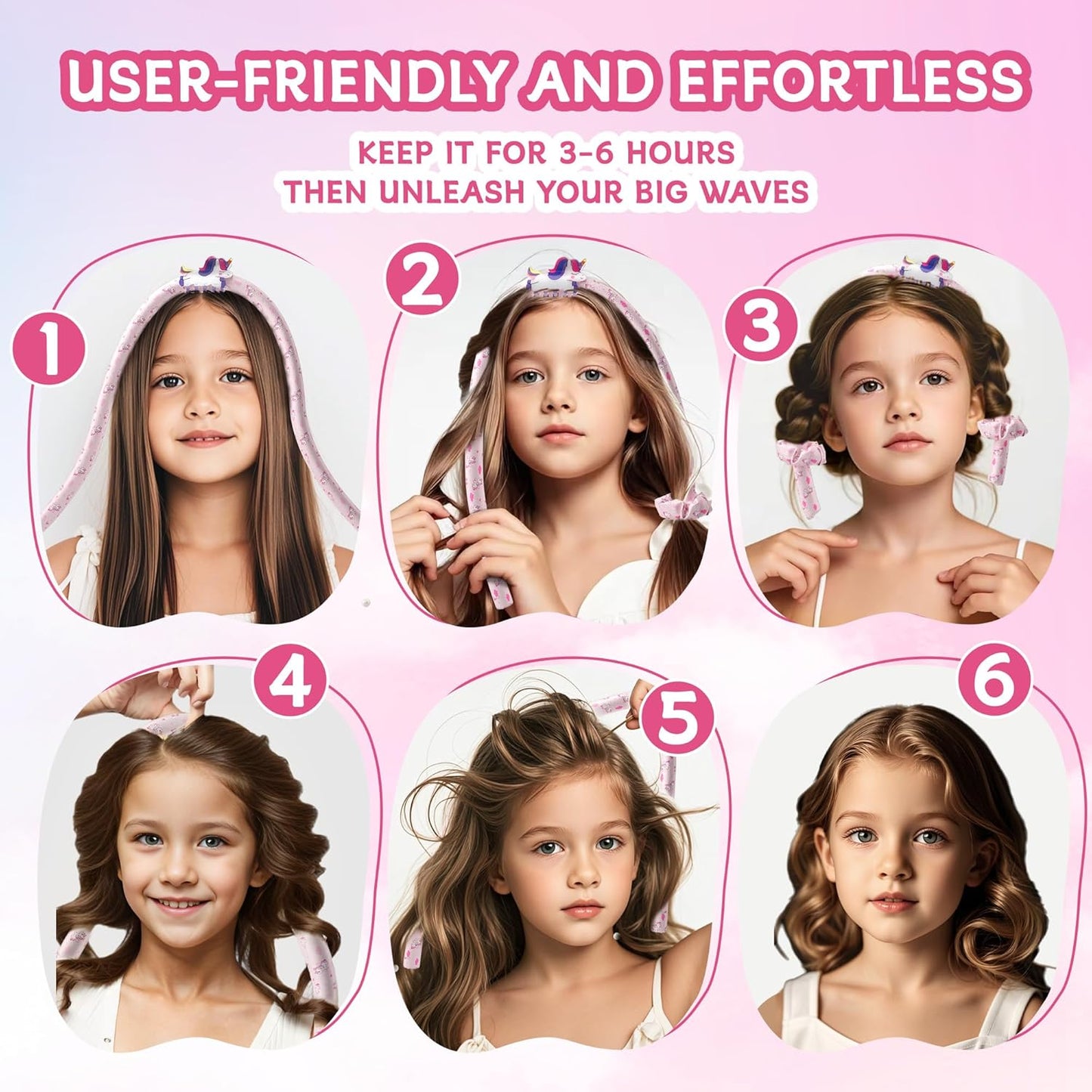 Girls Heatless Curls Overnight, Kids Unicorn Hair Rollers with Hair Clips, Hair Accessories for Little Girls & Teenage & Sister, Birthday Gifts Trendy Stuff - Pink