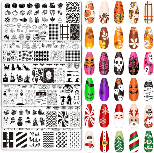 Whaline 6Pcs Fall Halloween Christmas Nail Plates Stamping Set Pumpkin Ghost Snowman Stamp Templates Nail Art Plates for DIY Print Manicure Salon Design