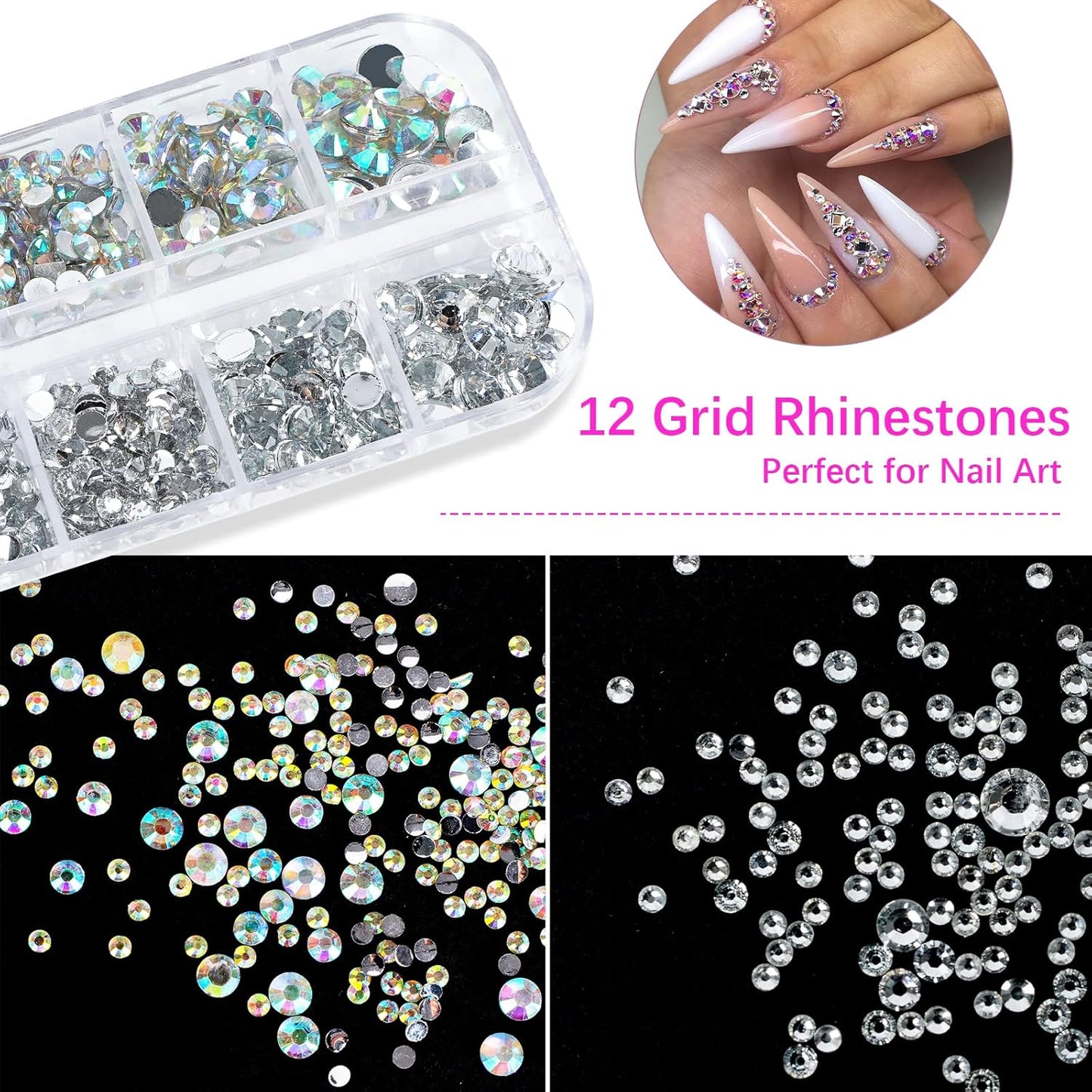 Canvalite Rhinestones 2784PCS in 6 Sizes Flat Back Gems, Crystal AB Art Gems with 5Pcs B7000 Glue, Pick Up Tweezers and Picker Dotting Pen for Nails, Makeup, Stocking Stuffers Gifts for Women
