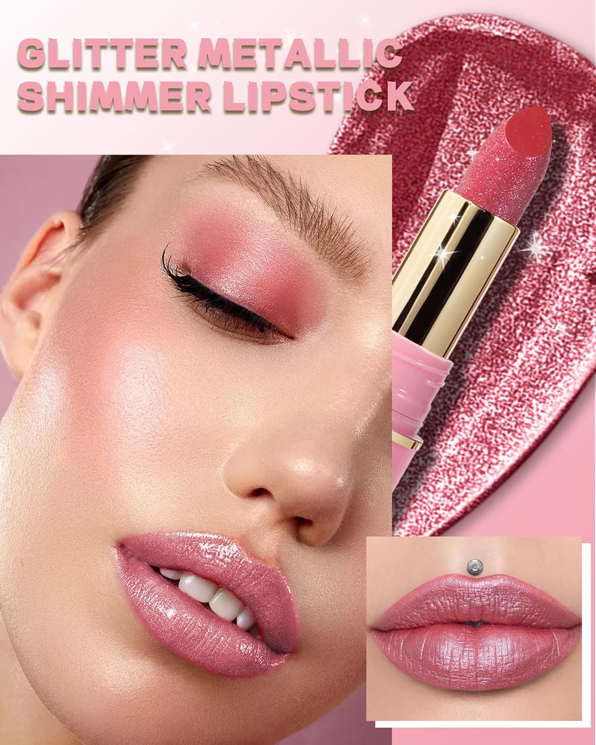Glitter Metallic Cherry Plum Shimmer Lipstick Long Lasting,Glitter Diamond Shine Red Lipstick Transfer Proof Non-Stick Lip Gloss Shimmer Highly Pigmented Full Coverage Lip Makeup for Women-03