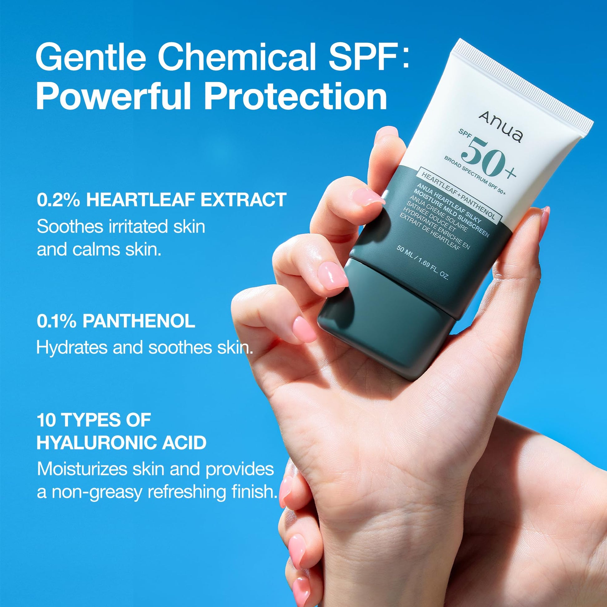 Anua Heartleaf Silky Moisture Mild Sunscreen, Broad Spectrum SPF 50+ with Moisturizing Formula