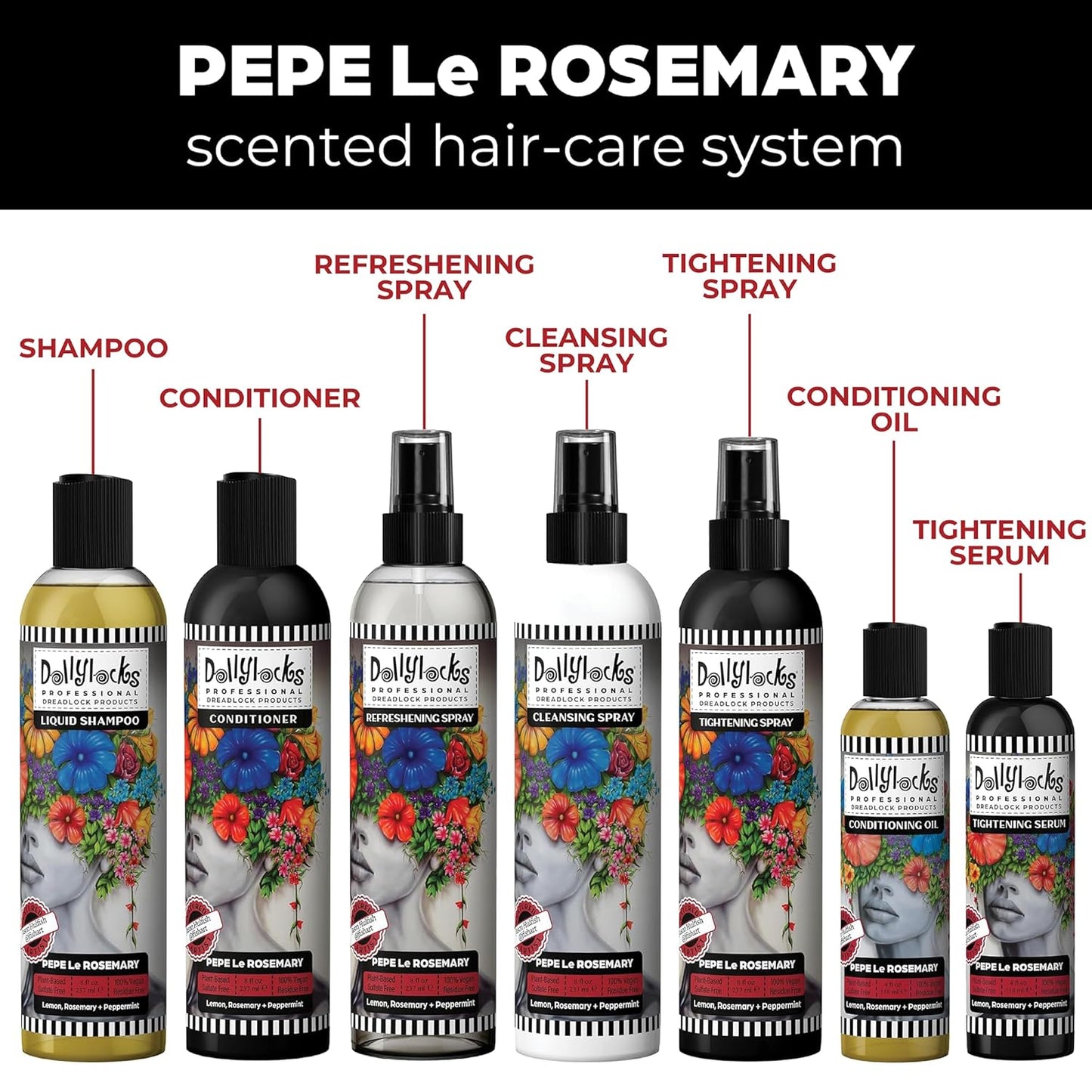 Dollylocks Dreadlock Tightening Spray for Locs - Pepe Le Rosemary, Lemon Rosemary Peppermint - Strengthen, Tame Frizzy Dreads, Residue-free for Loose Hair, 8oz