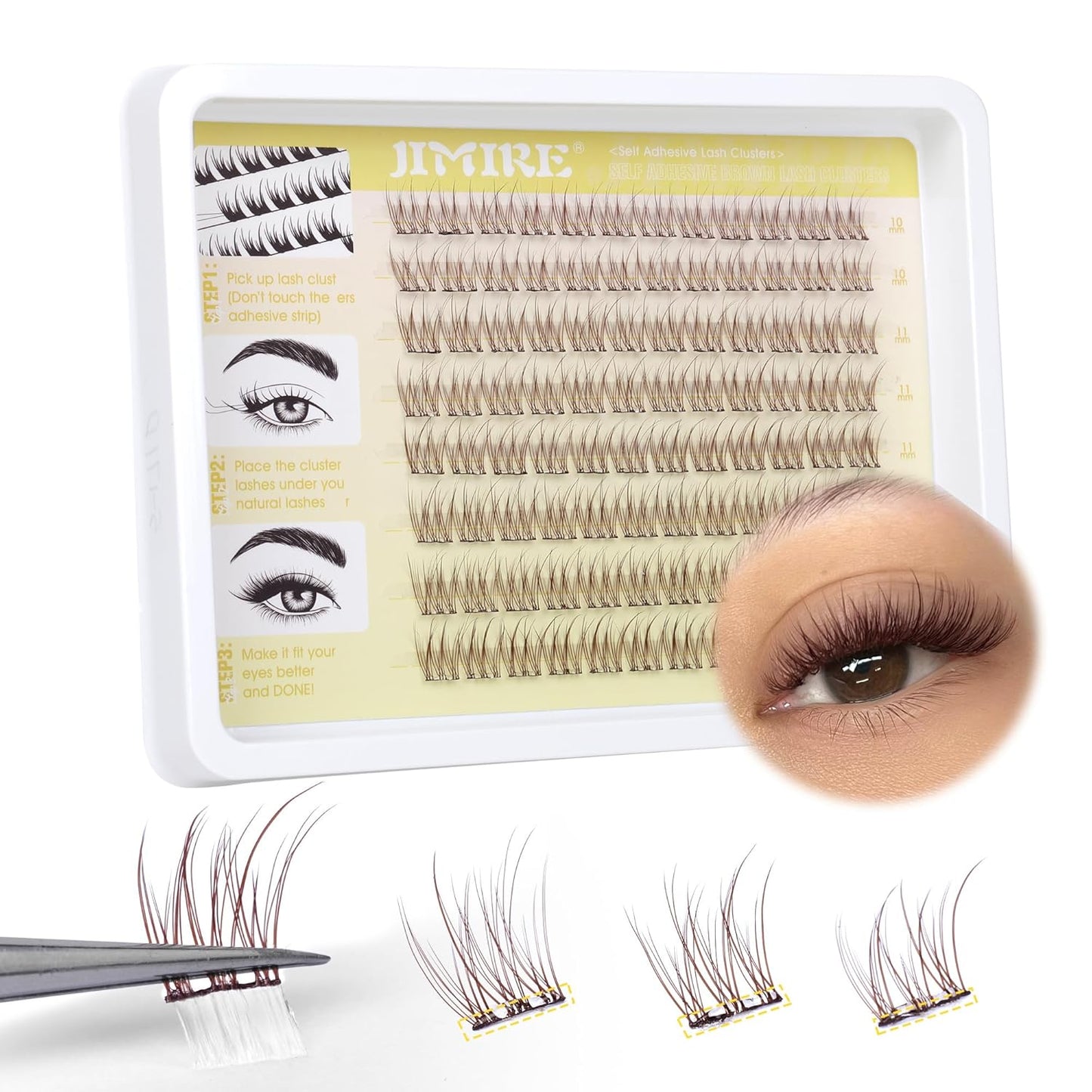 JIMIRE Brown Self-Adhesive Eyelashes - Press on Lash Clusters, Natural Look, Pre-Glued, Wispy 10-12MM Individual Lashes, Clear Band, Reusable Cluster Eyelash Extension