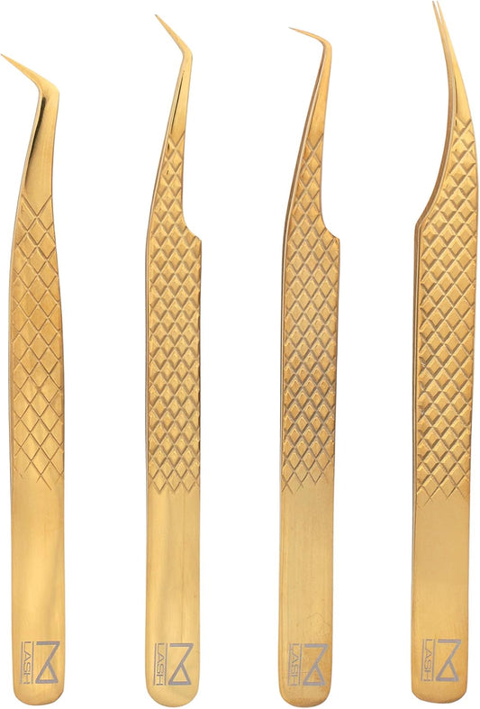M LASH Eyelash Extension Tweezers (Set of 4) - Professional & Precision Lash Tweezers for Eyelash Extensions - Japanese Steel, Diamond Grip, Fiber Tip V3 (Gold)