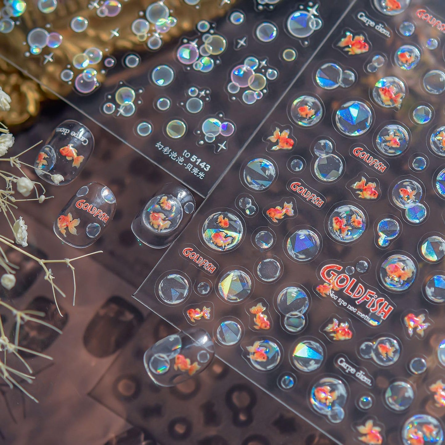 Goldfish Nail Art Stickers Sparkly Koi Fish Nail Stickers 5D Embossed Bubbles Chinese Style Manicure Decals Accessories Shell Light Goldfish Adhesive Slider for Women DIY Nail Art Decorations